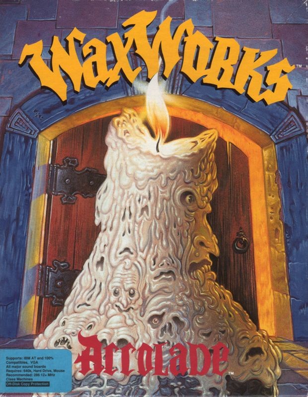 IBM PC Waxworksbox cover showing an armored medieval lord outside a stone castle