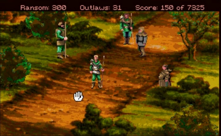 Robin Hood and companions on a wooded road, with ransom and outlaw scores shown