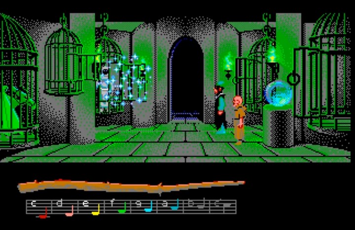 Loom ending portrait of Guybrush and Elaine beneath a starry sky